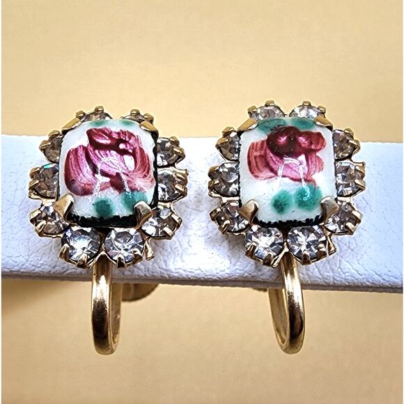 Vintage Vargas Guilloche Rose Enamel Rhinestone Earrings 1940s Screw-back Signed - Picture 3 of 8